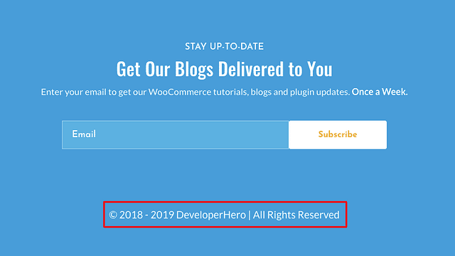 **Stay Updated with WooCommerce Insights**

Subscribe to receive weekly tutorials, blogs, and updates directly to your inbox. Enter your email below.

[Email Field] [Subscribe Button]

© 2018 - [Dynamic Year] DeveloperHero. All rights reserved.