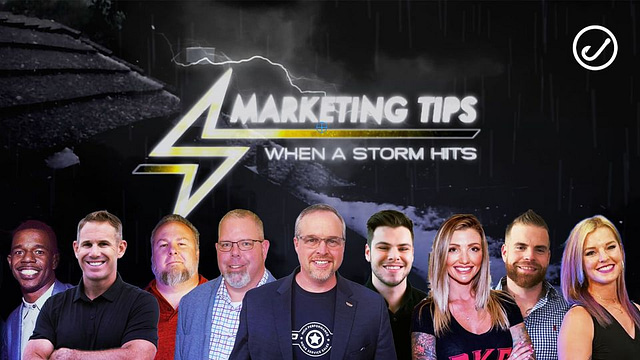 A team of eight stands firm against a stormy backdrop, highlighted by the text "SEO Marketing Tips When a Storm Hits," accented with a striking lightning bolt design.