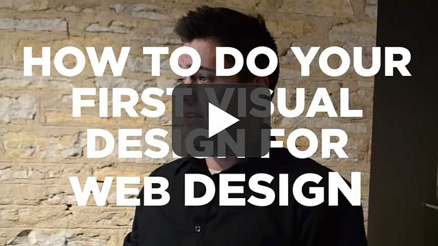A person wearing a dark shirt stands against a brick wall. Overlaid text reads, "YOUR STARTER GUIDE TO CREATING YOUR FIRST VISUAL DESIGN FOR WEB DESIGN," with a play button icon in the center.