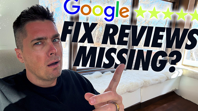 A person with dark hair points upward, looking puzzled. The text states, "Missing Google ★★★★★ Reviews?" Snow is visible through the large windows, suggesting a cold day. Is it time for Glitch News to solve the mystery?.