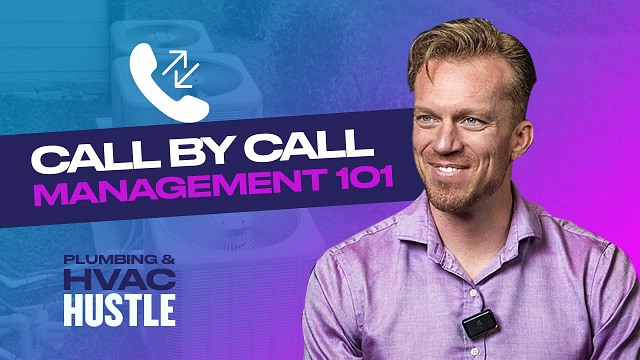 A person in a purple shirt, equipped with a microphone, smiles confidently. The page reads “Call-by-Call Management 101” and “Plumbing & HVAC Hustle,” emphasizing key elements of home services. A phone icon elegantly blends into the blue and purple gradient backdrop, creating a cohesive visual experience on Hook Agency's website.