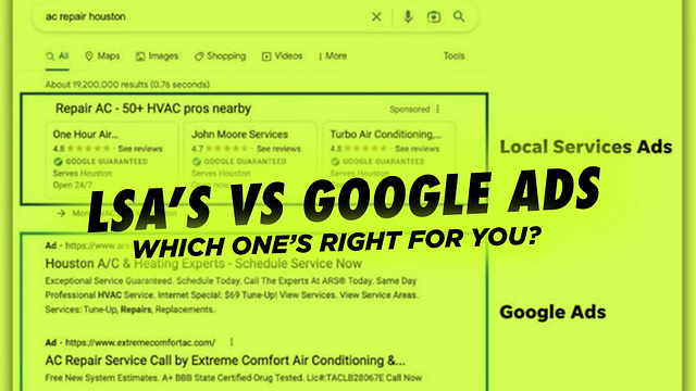 Explore our 2025 Guide to determine whether Local Service Ads or Google Ads is the right choice for your business. See a screenshot highlighting these options on a "AC Repair Houston" search, complete with visible Local Service Ads and Google Ads. Discover which advertising strategy aligns best with your goals on Hook Agency's website.
