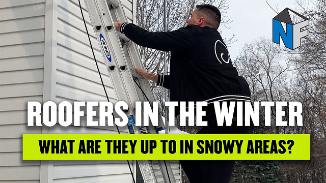 A worker in a black jacket climbs an aluminum ladder against the siding of a house. The image is overlaid with the text: "Winter Roofing" and "Understanding Seasonal Challenges for Roofers in Snowy Regions." Bare trees are visible in the backdrop.