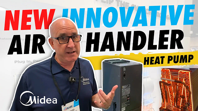 A man in a navy shirt and glasses demonstrates the Midea Evox G3, standing before bold text: “NEW INNOVATIVE AIR HANDLER HEAT PUMP.” Air handler and internal heat pump components are on display beside him.