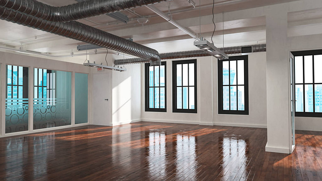 Experience the ideal setting for creative marketing agencies in this modern industrial loft. Featuring polished wooden floors, expansive windows, and exposed ductwork against crisp white walls, the space is bathed in natural light that highlights the sleek surfaces. A striking glass-paneled wall completes this versatile environment, perfectly crafted to inspire innovation and collaboration.