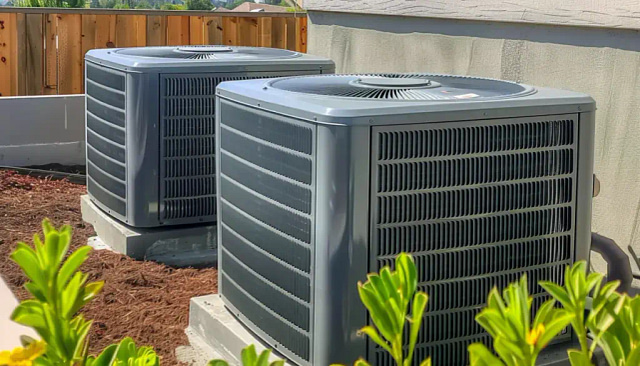 Two large, square outdoor air conditioning units are efficiently cooling a 2,000 sq. ft. home. Positioned side by side on concrete slabs, they are nestled among mulch and lush greenery, with a wooden fence and part of the building visible in the backdrop.