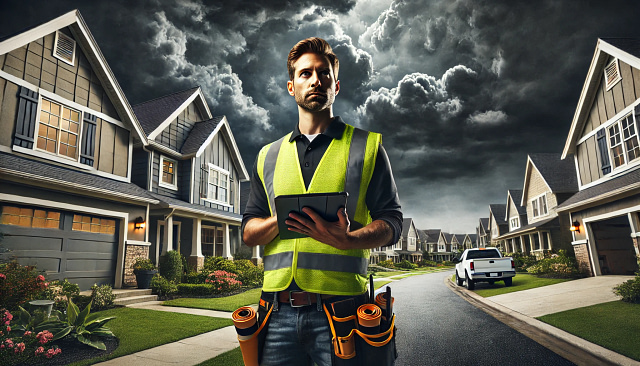 Bill, equipped with a safety vest and tablet, stands ready in an Arkansas suburban neighborhood. As a key member of Arkansas Roofing's expert door-to-door sales team, he confidently carries tool belts and rolled plans, prepared to deliver exceptional service even as ominous clouds gather above.