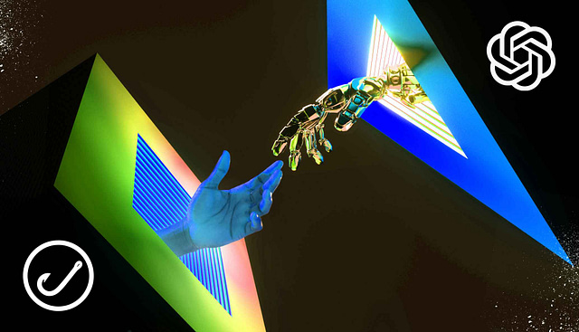 An illustration features a robot hand reaching through a luminous triangular portal to connect with a human hand from another. Set against a black background, the ChatGPT logo and checkmark symbolize the seamless integration of AI.