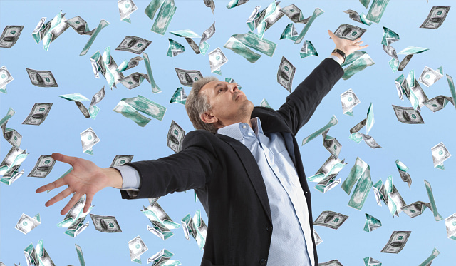 A man in a suit joyfully extends his arms as money falls from the sky around him, symbolizing preparedness for prosperity amidst the chaos of storm season.