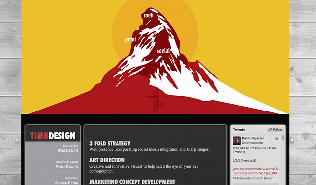 A stylized image of a mountain in red and white against a yellow background, labeled with "Web Design," "Print," and "Social." Below are sections titled "TIME DESIGN," "3 Fold Strategy," "Art Direction," and a Twitter feed on the right.