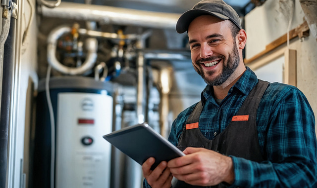 A man in a plaid shirt and cap stands confidently in a room with industrial piping and a large boiler, displaying innovative heating solutions designed to drive business growth.