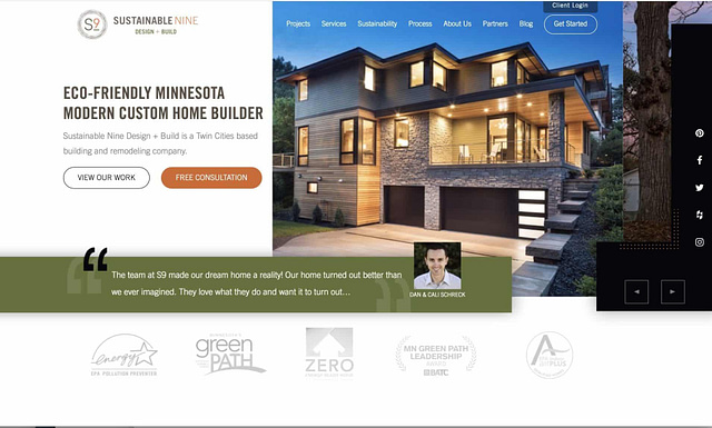 A modern custom home build design is showcased with outdoor lighting, featuring the "Eco-Friendly Minnesota Modern Custom Home Builder." The website design includes a testimonial, offers a free consultation, and provides navigation links for projects and services, setting 2024 examples in construction.