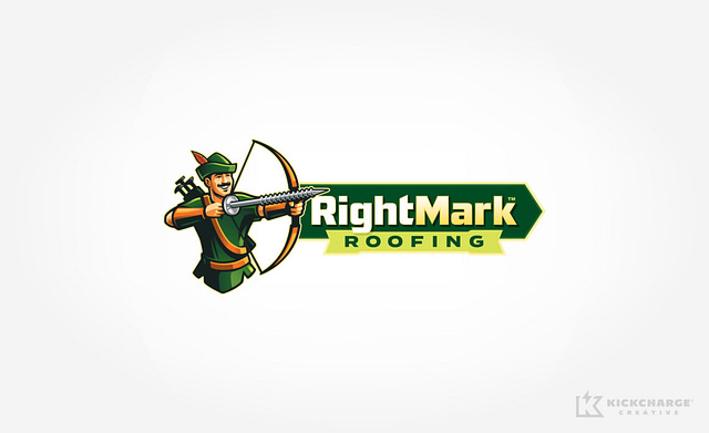 Introducing the RightMark Roofing logo: an archer in green attire skillfully aims a bow constructed from shingles. The bold white and yellow text stands prominently against a dark green background, exemplifying strong branding principles. In the lower right corner, "KickCharge Creative" is subtly featured, showcasing excellence in roofing logo design.