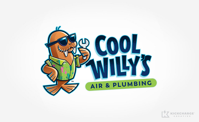 Introducing Cool Willy's Air & Plumbing: Our HVAC logo design features a stylish walrus character, sporting sunglasses and a green Hawaiian shirt while holding a wrench. The blend of blue and green colors offers an ideal, modern image for cooling companies aiming to revamp their brand identity.