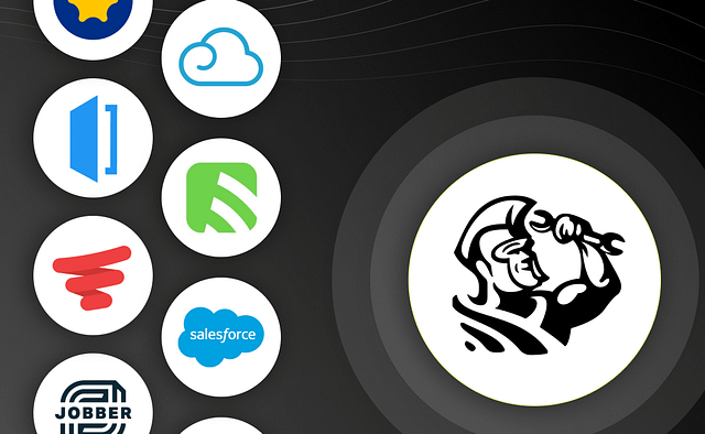 A cluster of contractor software logos—including Salesforce, Jobber, and others—are displayed in circular formation on a dark background. To the right, a prominent circle features a stylized flexing arm holding a wrench, symbolizing strength and expertise.