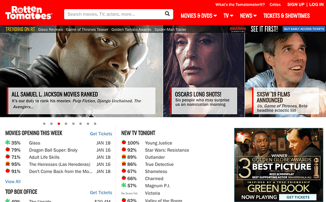 Screenshot of the Rotten Tomatoes homepage featuring powerful examples of trending articles and movies opening this week. Three large images of actors at the top, linked to articles. Below, movie lists show release dates and TV show ratings. Contextual advertising appears at the sides and bottom.