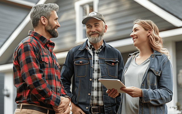 5 levels of leadership in roofing sales - On Hook Agency's website, a compelling image features three individuals standing in front of a house: two men and one woman. One man is dressed in a plaid shirt and the other sports a baseball cap and denim jacket. The woman confidently holds a tablet, symbolizing its invaluable role in their discussion of effective roof-selling strategies.
