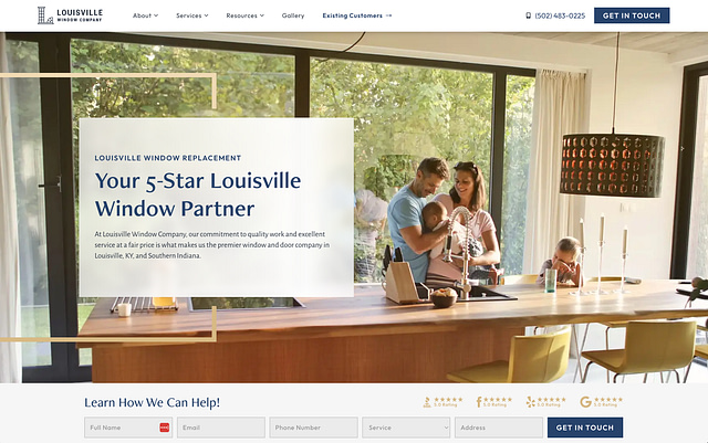 Windows and doors website design 2024: Create an inviting scene with a family gathered around a candlelit table, radiating warmth and inspiration. Overlay text highlighting Louisville Window Company as a 5-star authority in windows and doors. Ensure website design features—contact details and navigation links—are prominently positioned at the top for easy access.