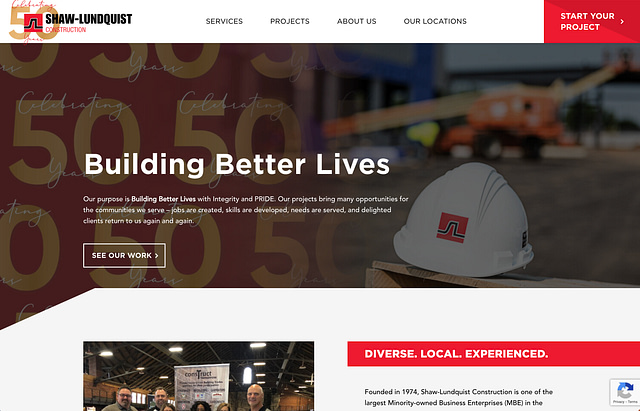 Featured on Hook Agency's website, a screenshot of a construction company's webpage prominently displays a white hard hat adorned with a red logo. The bold headline "Building Better Lives" is supported by sections detailing services, projects, and news. A vibrant "50" in overlapping text underscores the company's modern approach to commercial construction web design.