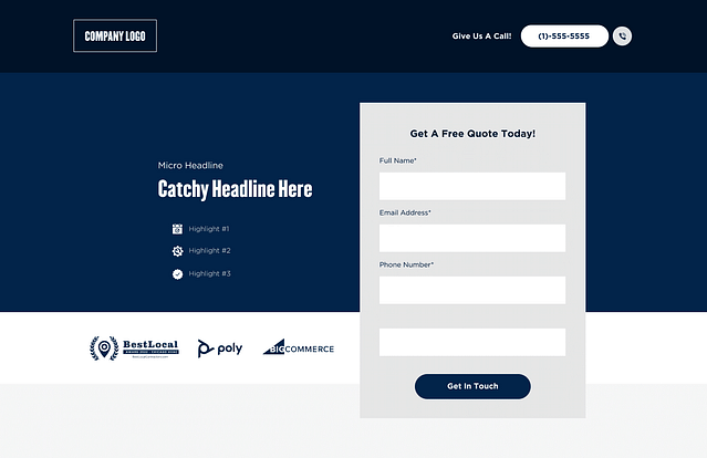 The navy and white PPC landing page is designed for user engagement, featuring a prominent "Get In Touch" button alongside a contact form requiring name, email, and phone number. The page displays placeholders for the company logo and key component icons. A contact number is accessible at the top right corner, with partner logos featured at the bottom for added credibility.