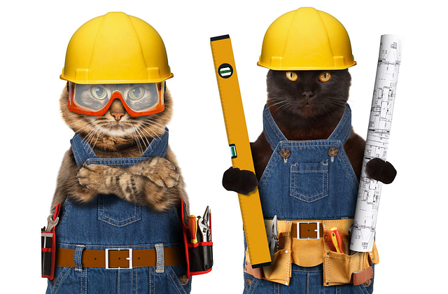 On Hook Agency's website, two cats in yellow construction helmets and denim overalls exude a playful approach to marketing. The cat on the left confidently wields a level while wearing goggles, and the one on the right holds a blueprint with precision. Both are equipped with tool belts, embodying their dedication to feline engineering.