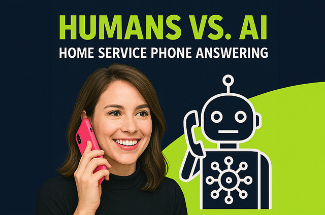 A woman smiles as she chats on a pink phone, while an illustrated white robot mirrors her action. The caption reads, "Humans vs. AI: Phone Answering at Home," set against a blue and green backdrop that symbolizes the fusion of human interaction with AI efficiency.