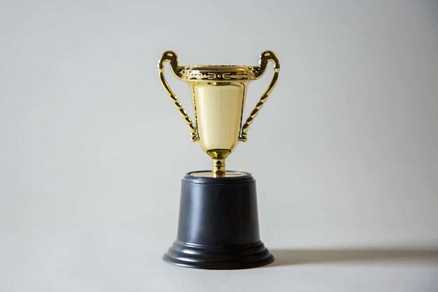 A distinguished gold trophy with ornate handles rests on a black base against a neutral backdrop, embodying business excellence.