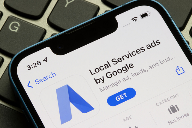 Shown is a smartphone screen with the "Local Services ads by Google" app page open on the App Store, featuring Google's Guaranteed services. The "Get" button is clearly highlighted, and the phone is positioned on a laptop keyboard.