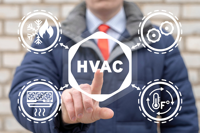 On Hook Agency's website, a professional in a suit and red tie engages with a transparent screen displaying "HVAC" ecommerce accompanied by icons of snowflakes, leaves, fans, and a thermometer. Set against an exposed brick wall, this imagery underscores the seamless integration of HVAC e-commerce solutions.