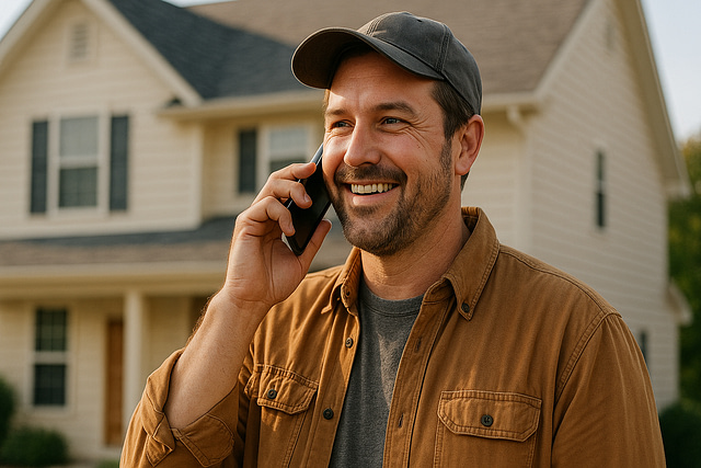 A man in a brown jacket and gray cap stands outside a light-colored house, smiling as he engages in a roofing sales follow-up call on his smartphone.