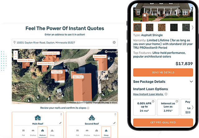Explore our interactive webpage showcasing cutting-edge roof measurement technology, complete with detailed maps of labeled rooftops. View a mobile display featuring high-resolution images of homes with asphalt shingles. Access essential information including warranty details, roofing company estimates, and competitive pricing starting at $17,839. Explore 2025 financing options and get pre-qualified today by clicking the button below.