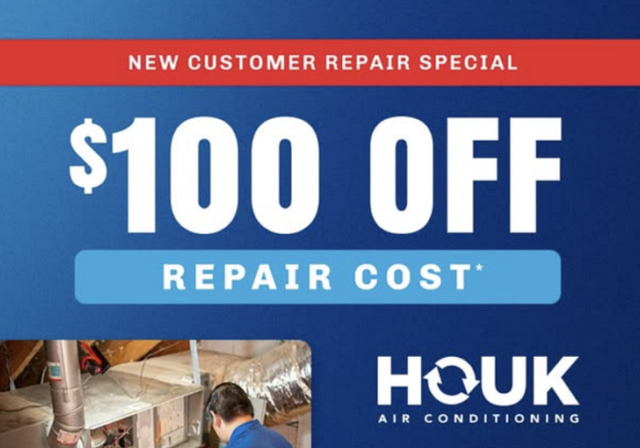 Get $100 Off Your First Repair with Houk Air Conditioning Experience top-notch service and savings exclusively for new customers. Our skilled technicians are ready to expertly handle your HVAC repair needs. Don't miss this offer—perfectly crafted for Facebook Ads with an engaging background image of our expert at work. Book Now and Save!.
