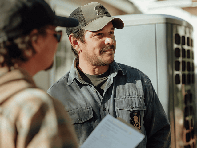 On Hook Agency's website, the image depicts two men in discussion about maintenance contracts. One man wears a cap and denim jacket adorned with patches and holds a clipboard, while the other man, also wearing a cap, listens attentively. The background features part of a building and a vehicle.