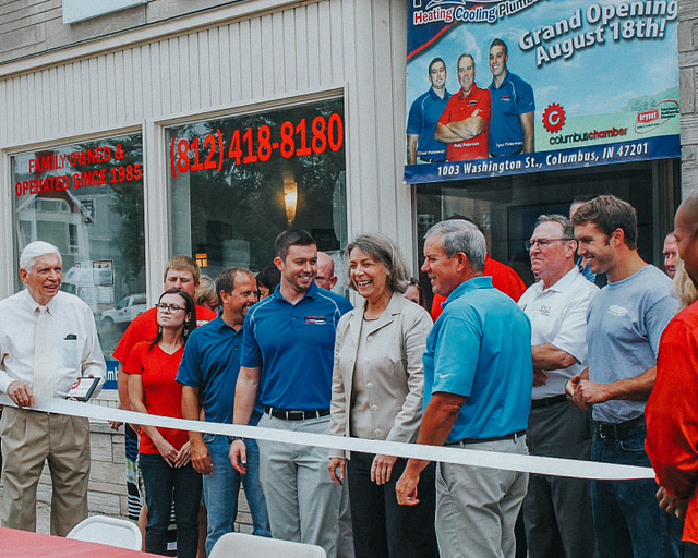 Capture your team’s excitement at your HVAC ribbon cutting event by sharing a photo of the group—men and women smiling in front of the building beneath a “Grand Opening August 18th, 2025!” banner. This is an ideal social media post to highlight your company’s milestone and boost community engagement.