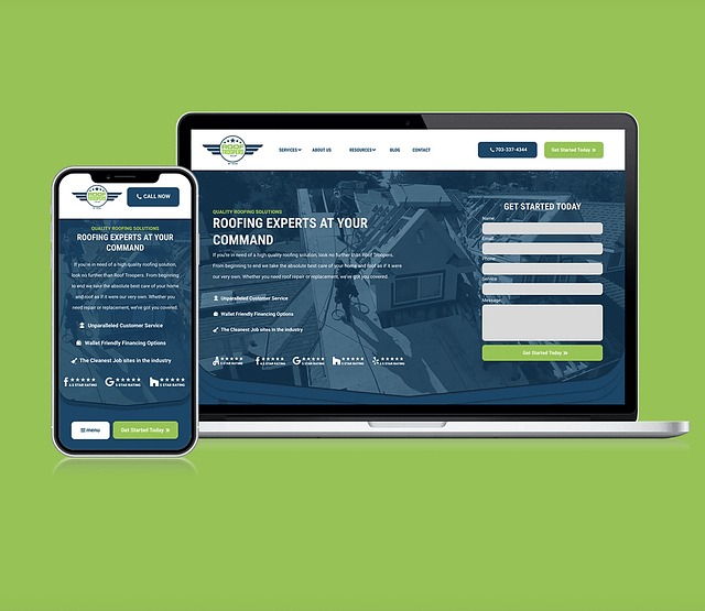 A smartphone and laptop display the 2024 Roofing Website Design on a vibrant green background at Hook Agency's website. The site includes a prominent header with contact information, an easy-to-use navigation menu, an eye-catching roof image, a "Get Started Today" form, highlighted customer service benefits, and multiple certification logos.