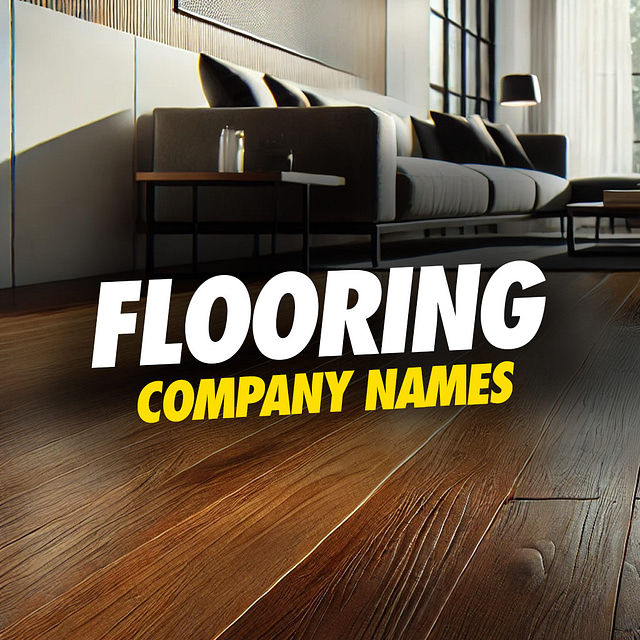 Flooring Company Name IdeasA contemporary living room with wooden flooring exudes comfort, highlighted by a sofa, cushions, and a lamp. The phrase "Flooring Company Names" is prominently displayed.