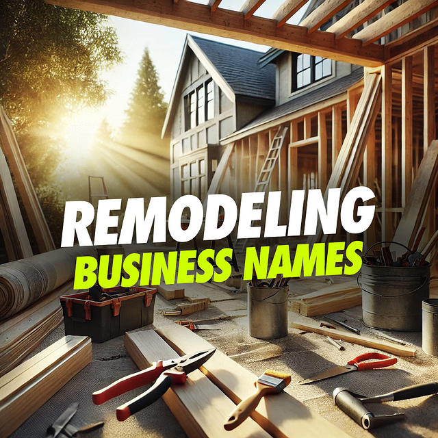 Remodeling Business Name Ideas - A sunlit construction site features a house in progress, with wooden beams and scattered tools. "Renovation Company Names" is prominently displayed in bold letters.