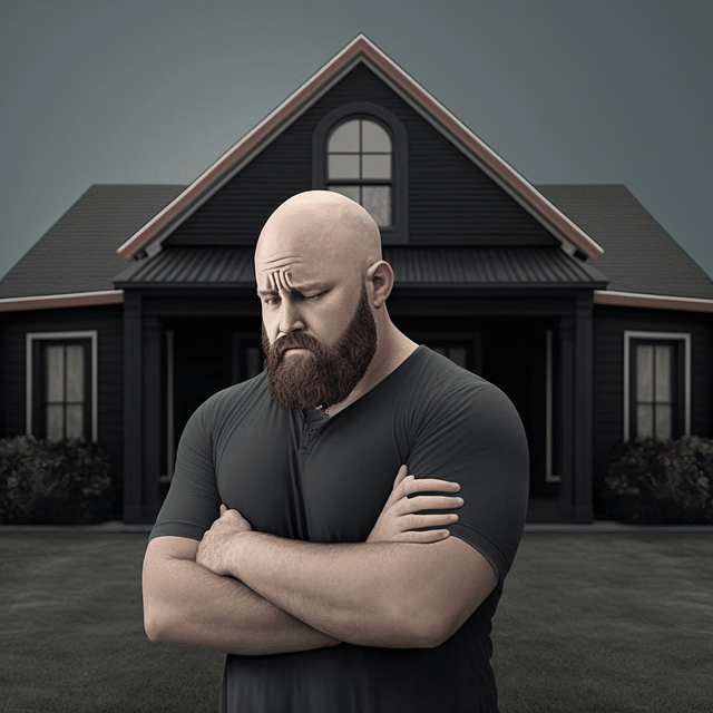 A bald, bearded man stands resolutely with arms crossed in front of a sleek, modern house. The overcast sky serves as a backdrop, highlighting the challenges roofing companies face in adverse weather conditions.