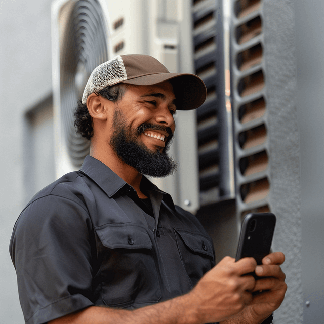 A confident man in a dark shirt and cap shares his latest HVAC tips on social media, standing beside an outdoor air conditioning unit—an emblem of the industry's growth in 2024.