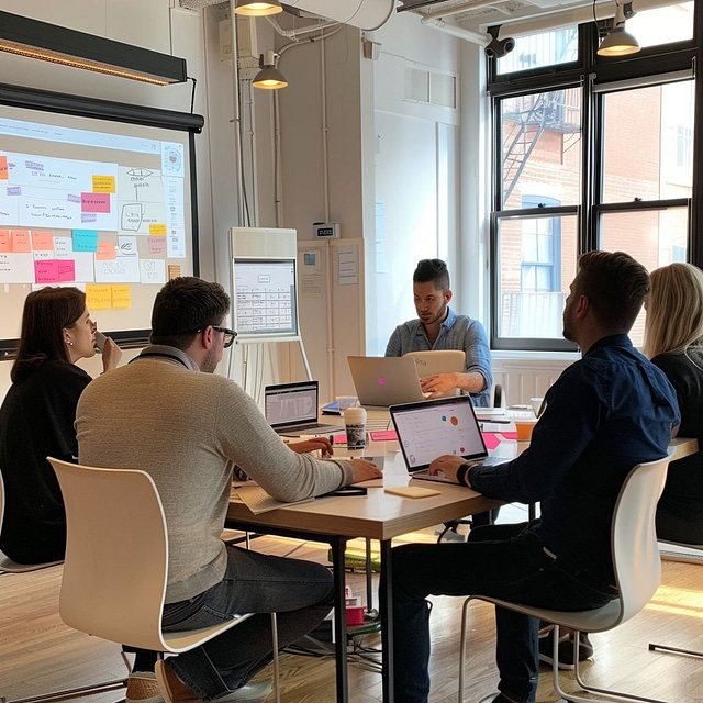 Five individuals are actively engaged in a meeting within a well-lit room. Gathered around a table equipped with laptops and notes, they are focused on discussing website components. A whiteboard and screen in the background display diagrams and sticky notes, forming the foundational elements of their project.