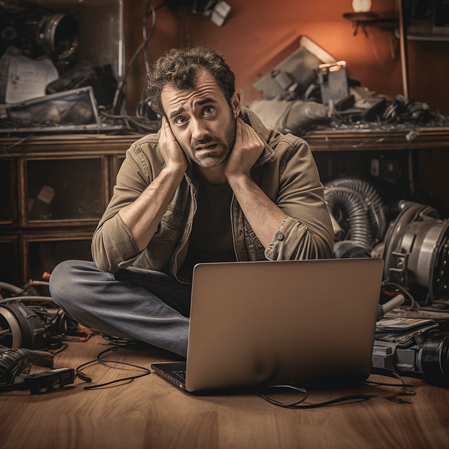 In a cluttered workspace filled with machinery parts, a man sits cross-legged on the floor, worriedly holding his head in front of a laptop. He's contemplating the common mistakes to avoid in lead generation strategies.