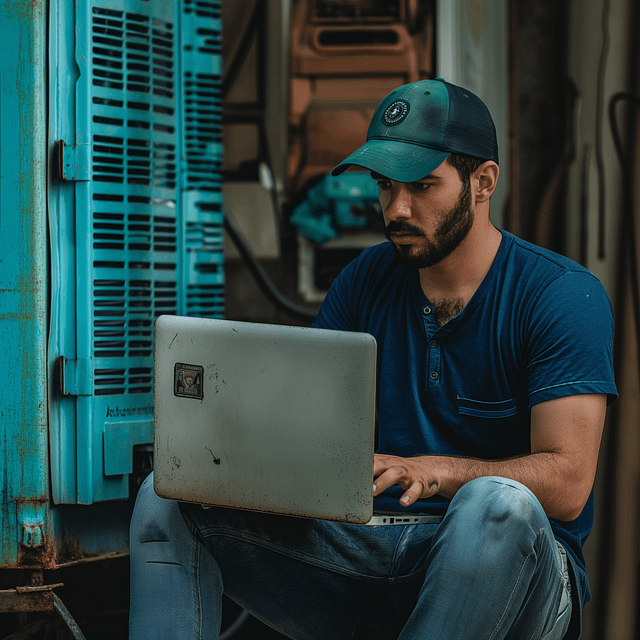 A man in a navy t-shirt and baseball cap sits outdoors against a teal industrial structure, engrossed in SEO keyword research on his laptop. The setting exudes a gritty, industrial atmosphere, with the hum of HVAC machinery in the background.