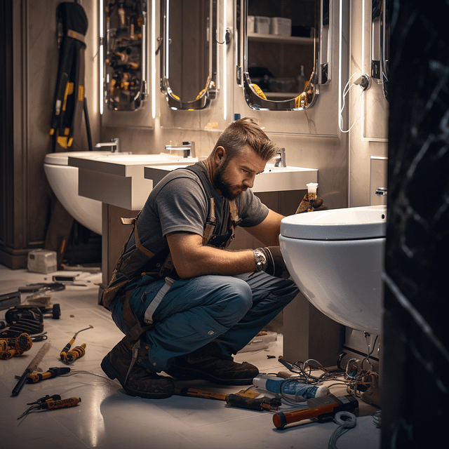 A skilled plumber, adorned with a tool vest, expertly repairs a modern bathroom sink amid tools spread across the pristine white floor. The well-lit space, featuring three mirrors, emphasizes his craftsmanship and promises an increase in plumbing jobs through word-of-mouth referrals.