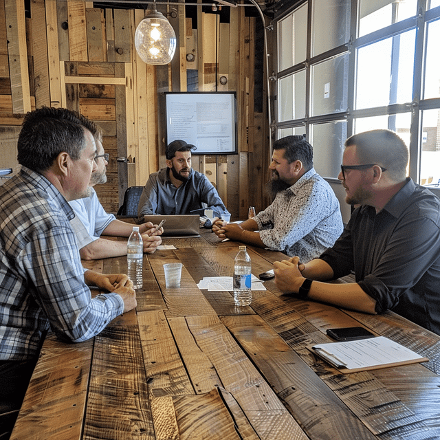 Five business owners are gathered around a rustic wooden table in a modern meeting room, actively discussing growth strategies. Laptops and water bottles are scattered across the table, while natural light pours in through a window wall, creating a vibrant and dynamic atmosphere.
