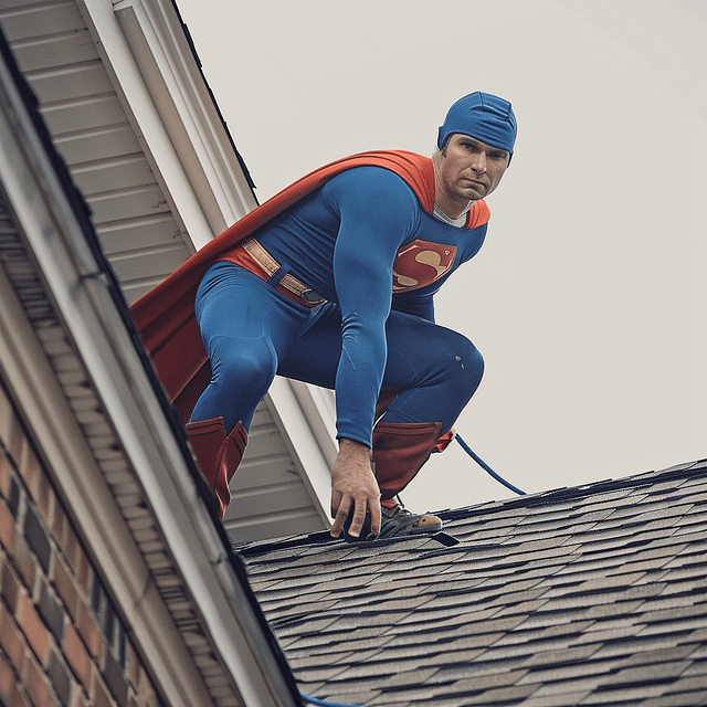 On Hook Agency's website, a figure clad in a superhero costume exemplifies their expertise as they inspect and maintain a sloped roof. The blue suit, red cape, and yellow belt emphasize their authority in roof upkeep, while the nearby tools highlight practical tips for maintaining your roofing.