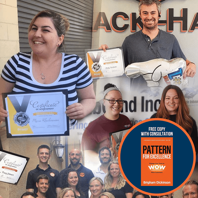 Showcase your achievements with a collage of smiling individuals proudly holding certificates and awards. Highlighting our HVAC training expertise, one participant displays a large wrench. Featured is our "Pattern for Excellence" award badge. Home Services Contractors can receive Brigham Dickinson's booklet, "Free Copy with Consultation.