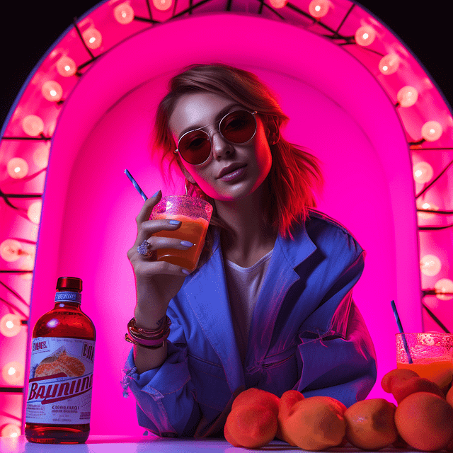 A person in a denim jacket and sunglasses confidently holds a drink against a vibrant, neon-pink circular backdrop. A bottle and fresh oranges on the table complete this stylish, influencer-inspired scene. The colorful setting embodies a lively atmosphere, perfectly attuned for 2024 marketing campaigns.