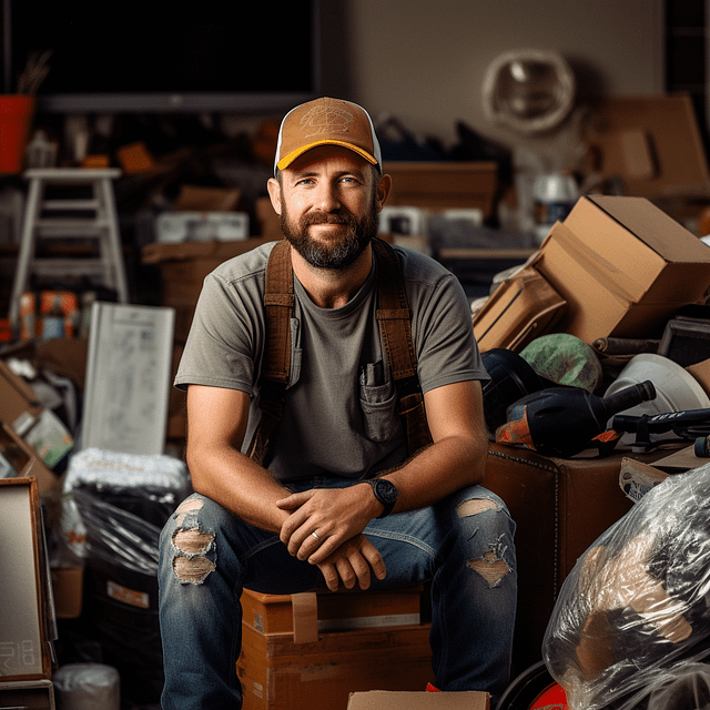 A bearded man, donning a cap and brown overalls, sits thoughtfully amidst tools and boxes in his workshop. As potential clients approach 2024, he strategizes innovative Junk Removal Marketing techniques amidst the bustling environment.