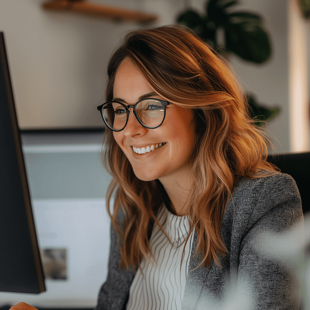 A professional woman with long, wavy hair and glasses smiles as she expertly navigates a website redesign in her well-organized office. Wearing a blazer over a striped shirt, she exudes confidence and style. The thoughtfully arranged space features blurred plants and shelves in the background, enhancing the workspace ambiance.