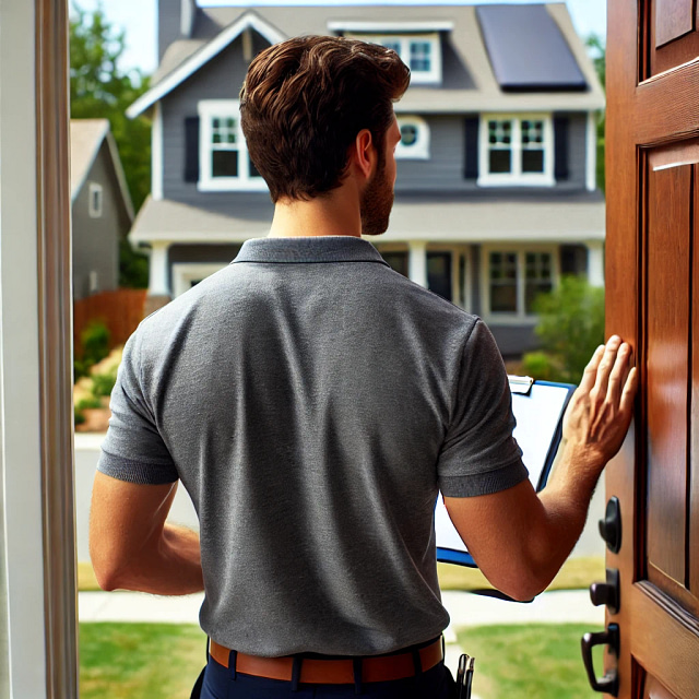 A professional in a gray polo shirt stands confidently in an open doorway, clipboard in hand. He evaluates the suburban neighborhood, targeting the modern gray house across the street for his next roofing marketing campaign through strategic door-to-door outreach.